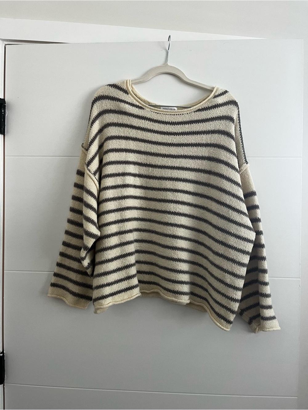 vestique Cream and grey Striped Oversized Crewneck Sweater
